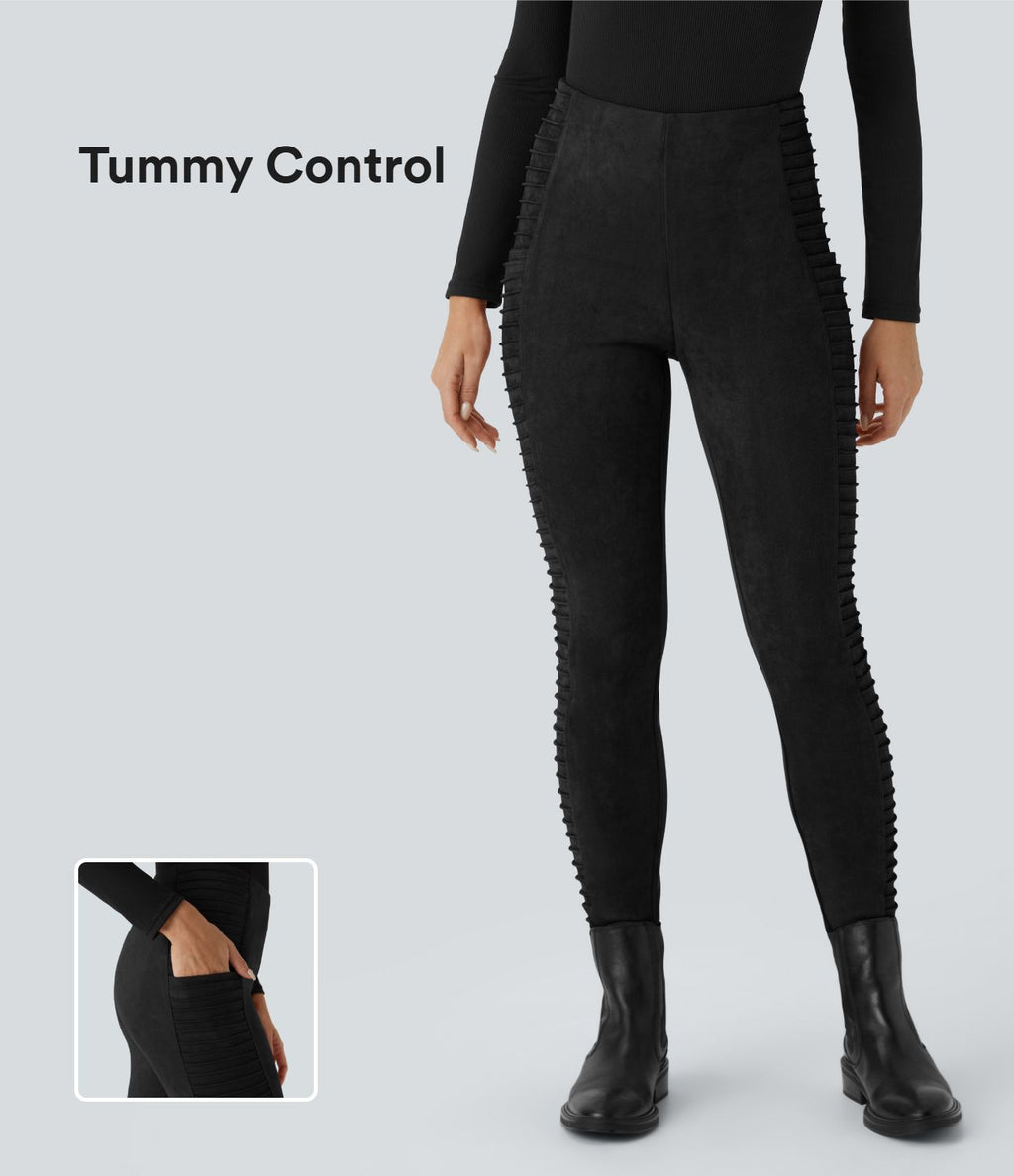 Legging gainant en suédine à taille haute avec fronces et poches latérales