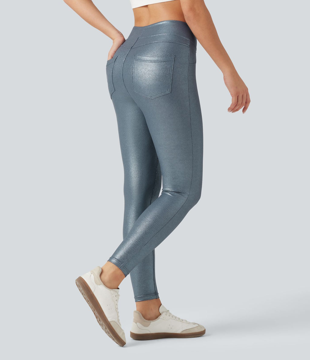 Leggings de yoga taille haute en maille côtelée avec imprimé métallisé et poches