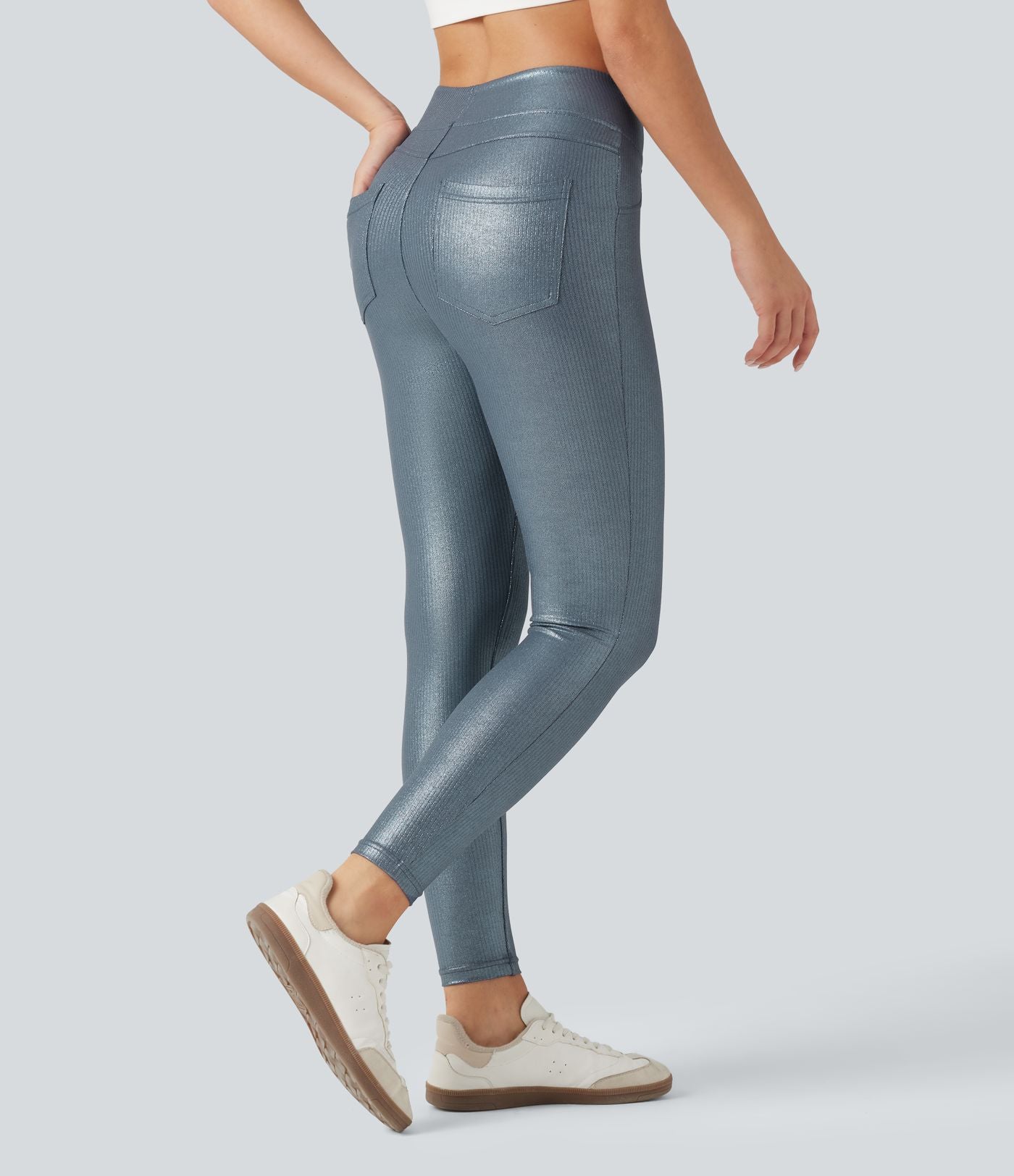 Leggings de yoga taille haute en maille côtelée avec imprimé métallisé et poches