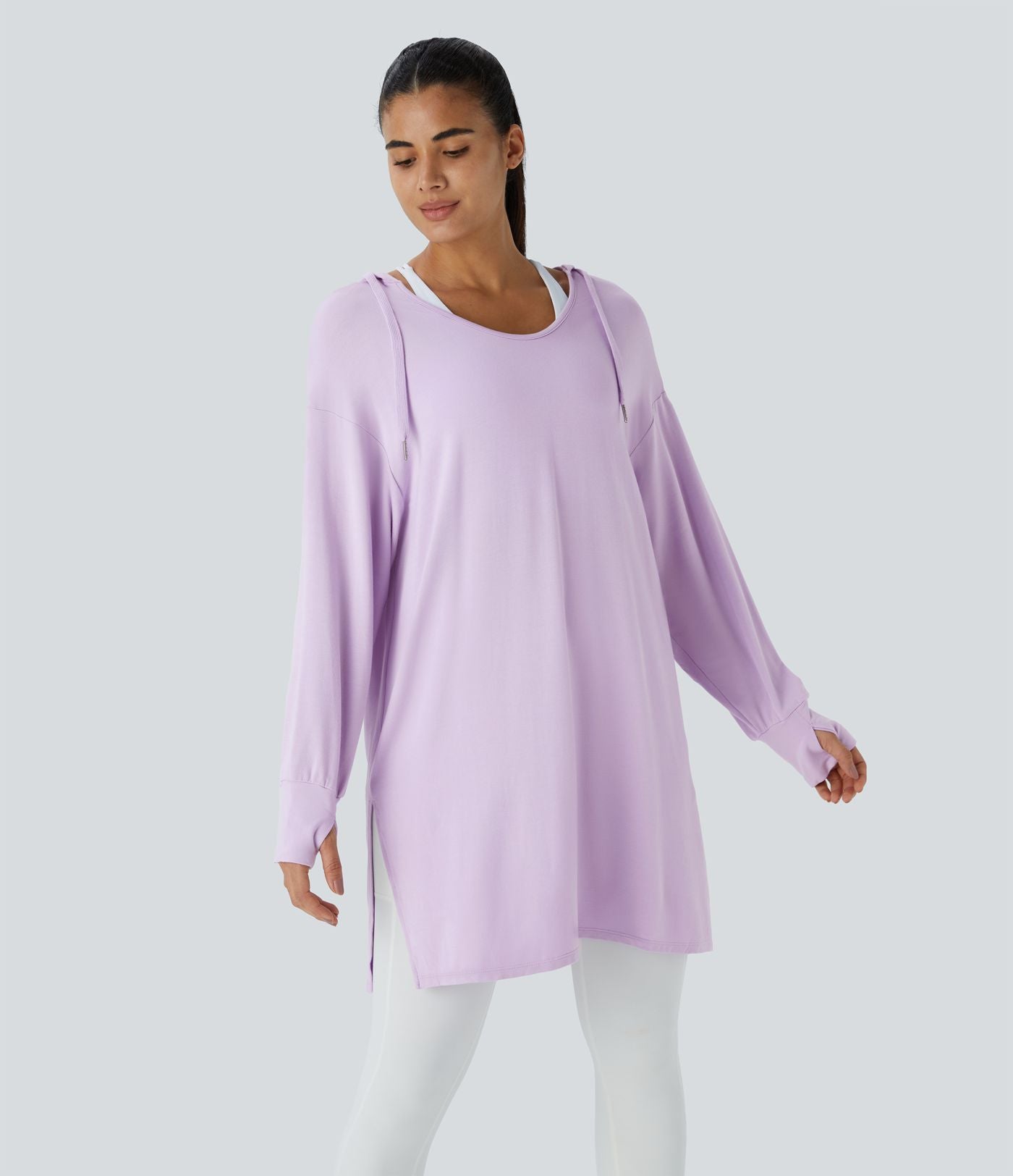 Sweatshirt Casual à Capuche Encolure en V Cordon de Serrage Trou pour le Pouce Fente et Coupe Longue