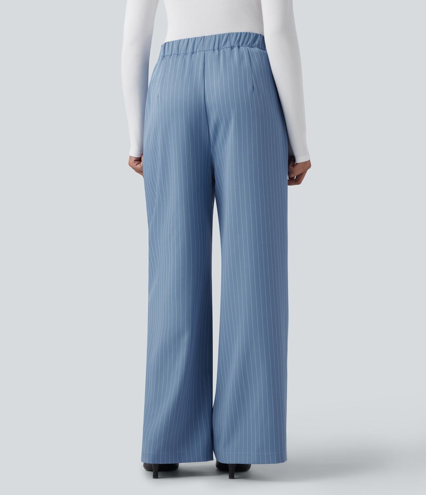 Pantalon Tailleur Large Fluide à Rayures, Taille Haute, Bouton et Fermeture Éclair, Poches Latérales