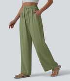 Pantalon casual large mélange lin taille haute avec cordon de serrage et poches
