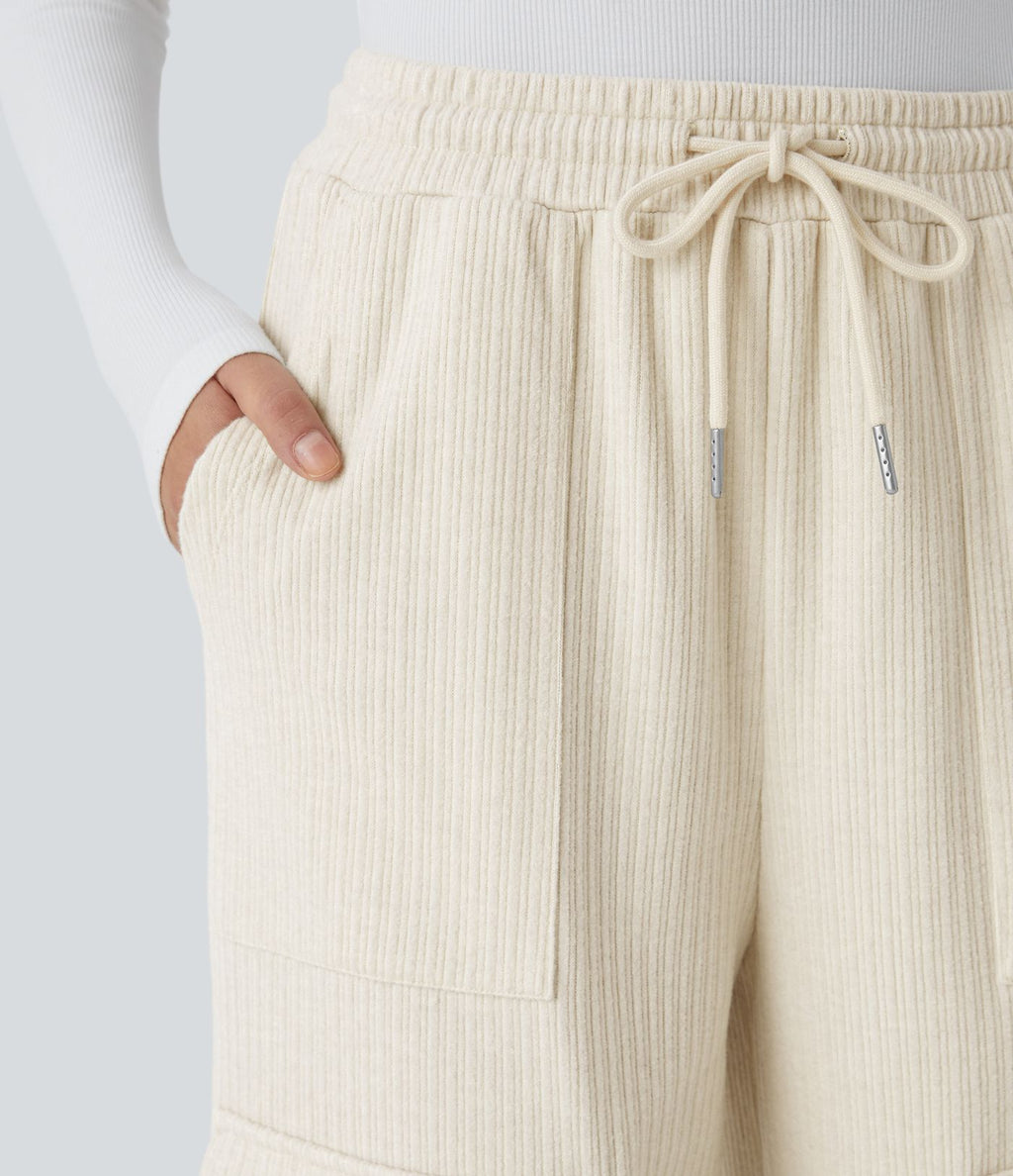 Pantalon cargo décontracté large à cordon côtelé, taille mi-haute, avec poches