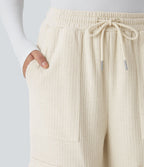 Pantalon cargo décontracté large à cordon côtelé, taille mi-haute, avec poches
