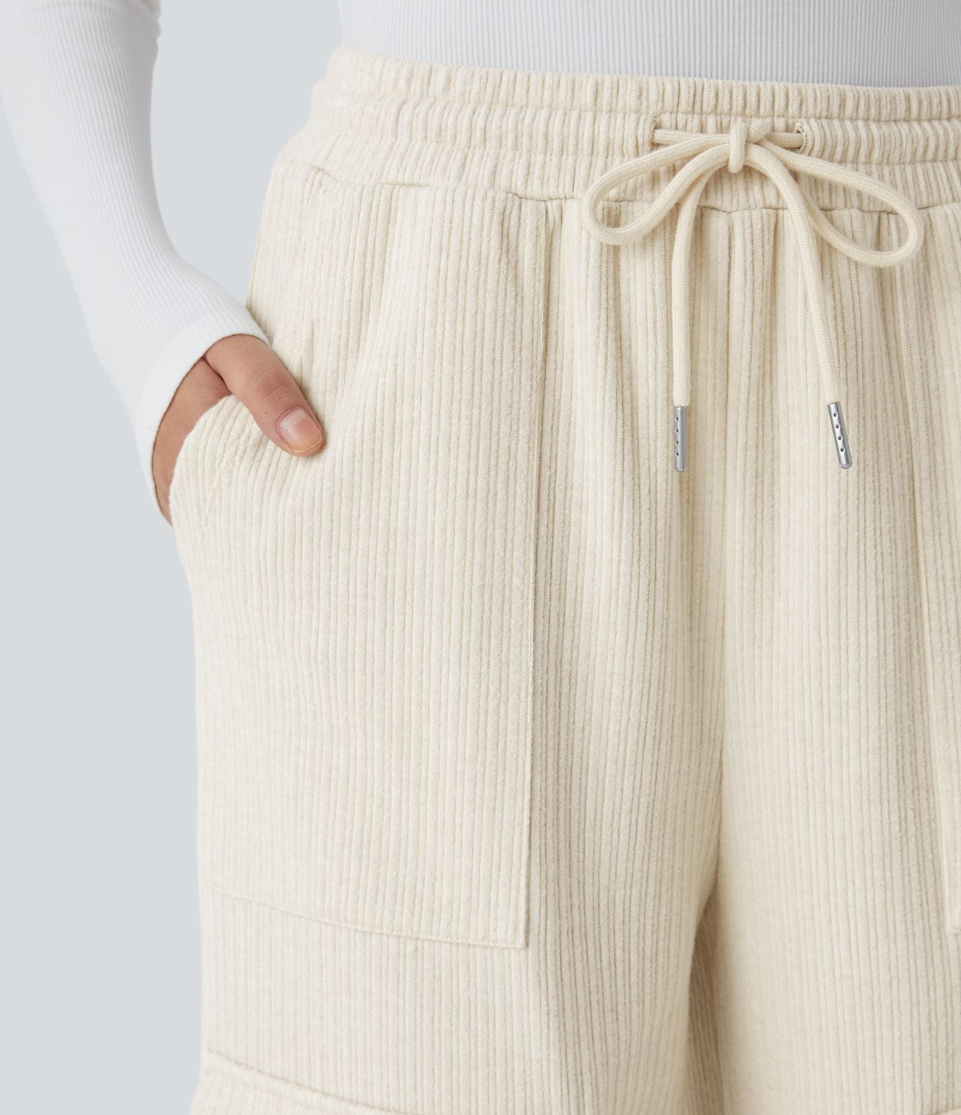 Pantalon cargo décontracté large à cordon côtelé, taille mi-haute, avec poches