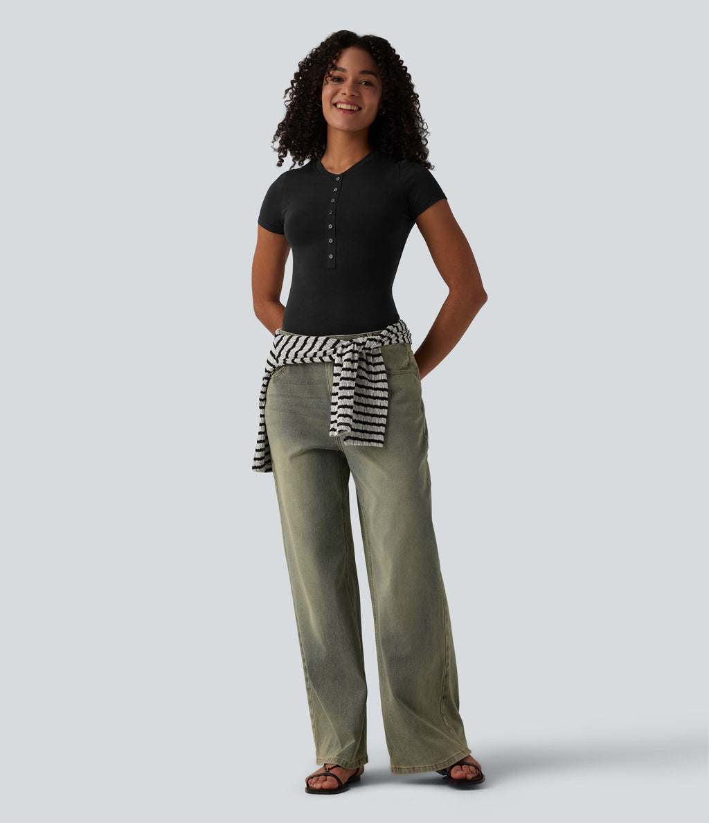 T-shirt Halara décontracté en jersey de coton, col Henley, manches courtes, coupe ultra-ajustée