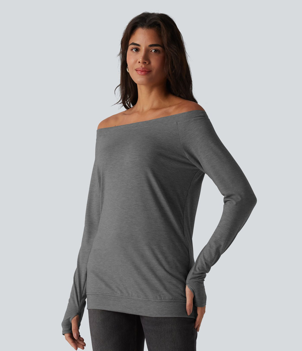 Top casual épaules dénudées manches longues à trous pour les pouces