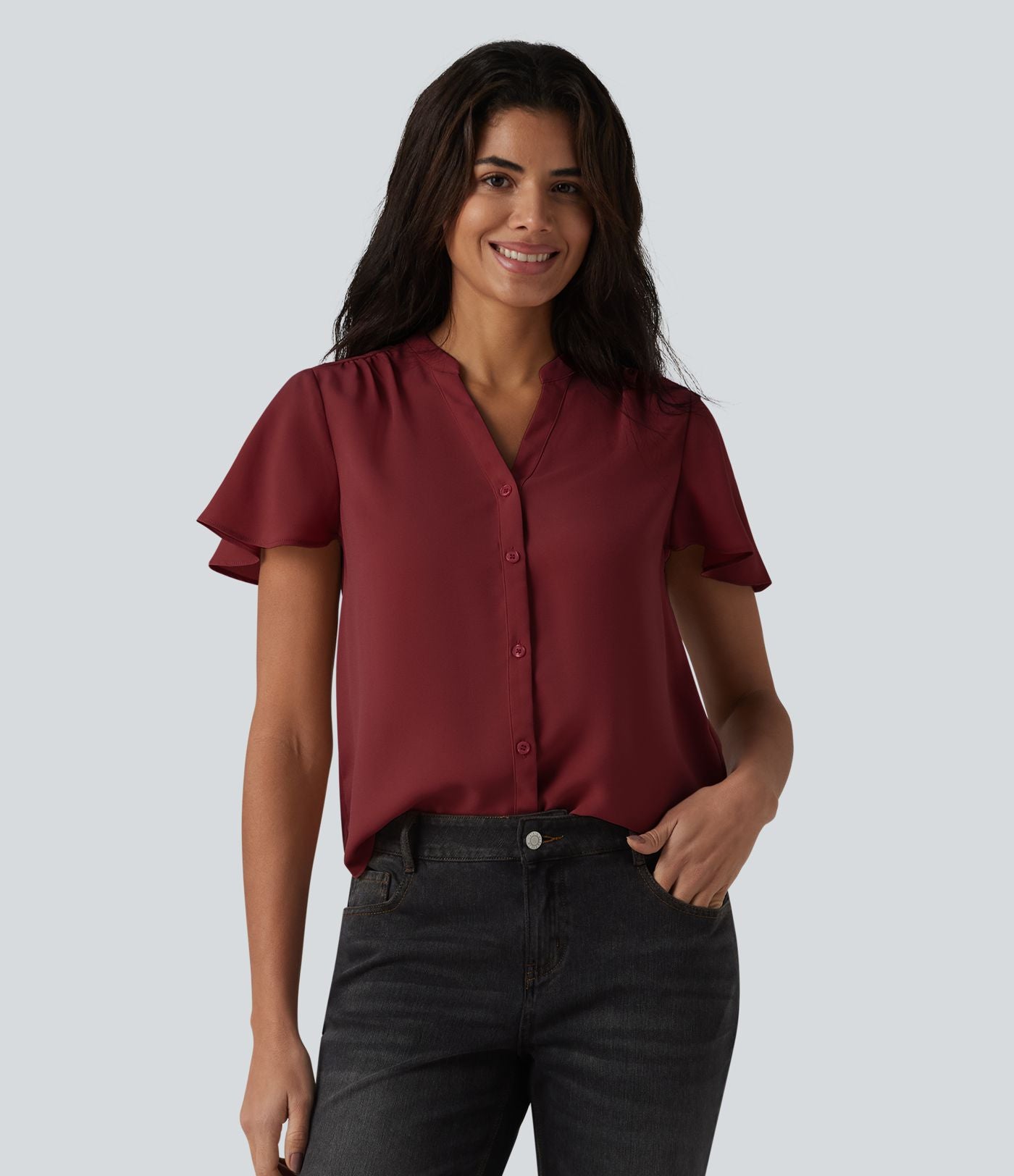 Blouse casual col V à manches volantées et ourlet arrondi