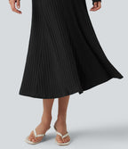 Robe midi fluide en maille côtelée à col Henley et manches longues
