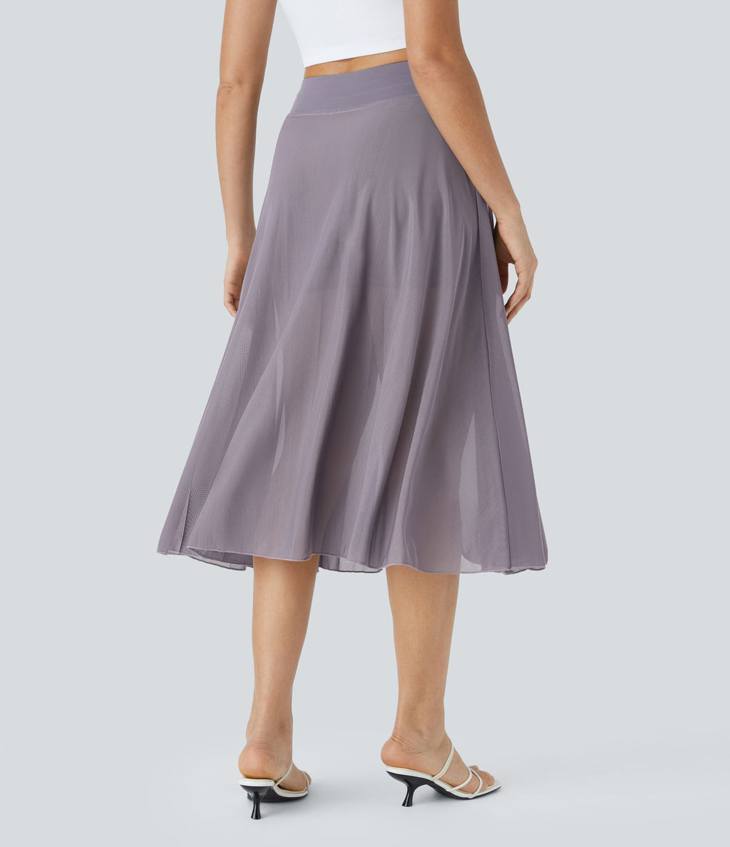 Jupe Casual Évasée Mesh Mi-Longue Fuide 2 en 1 Contrastée Taille Haute Cordon Poche Latérale