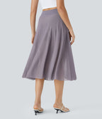 Jupe Casual Évasée Mesh Mi-Longue Fuide 2 en 1 Contrastée Taille Haute Cordon Poche Latérale