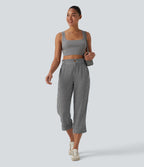 Pantalon 7/8 décontracté aspect lin à carreaux taille haute avec poches