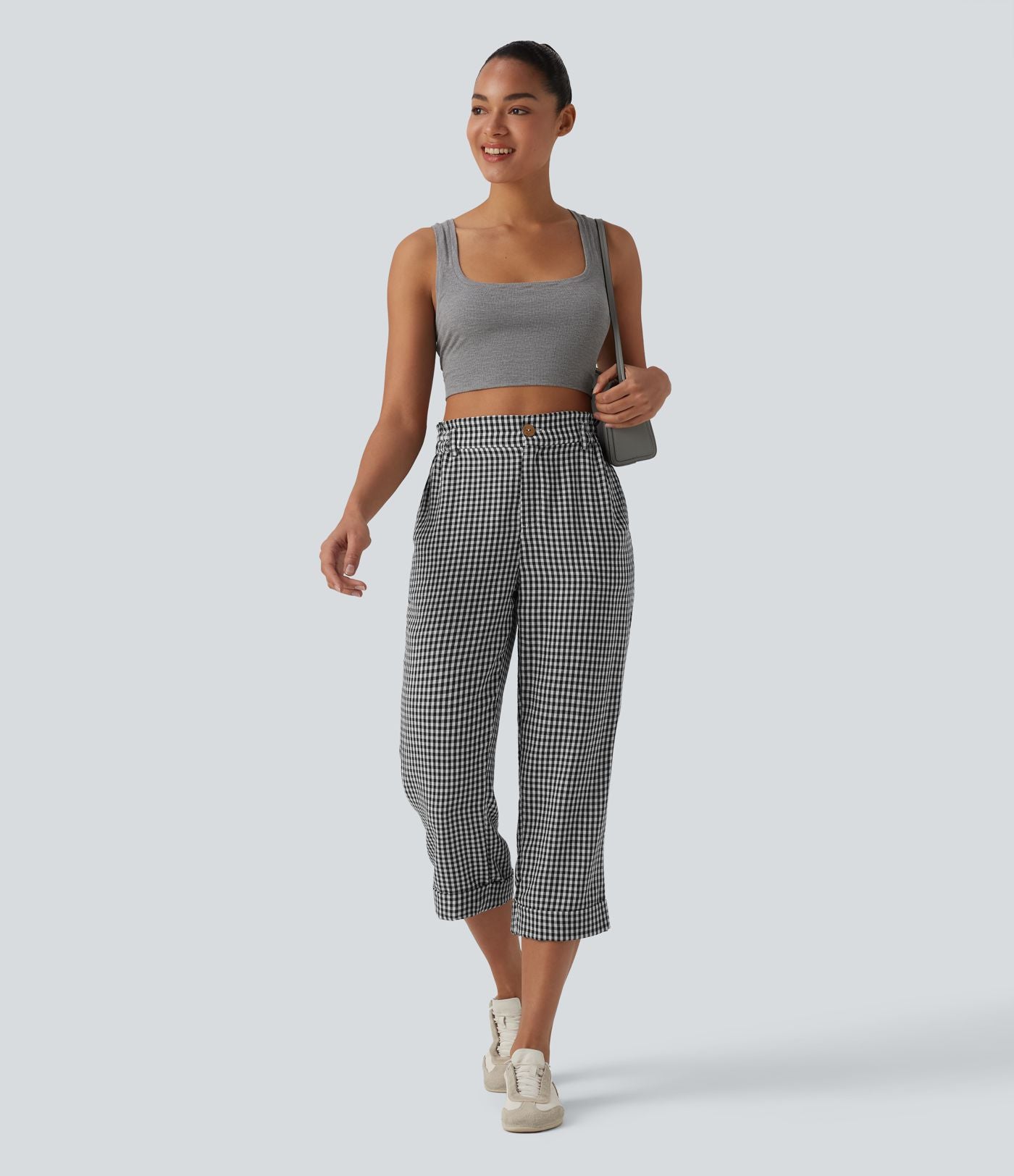 Pantalon 7/8 décontracté aspect lin à carreaux taille haute avec poches