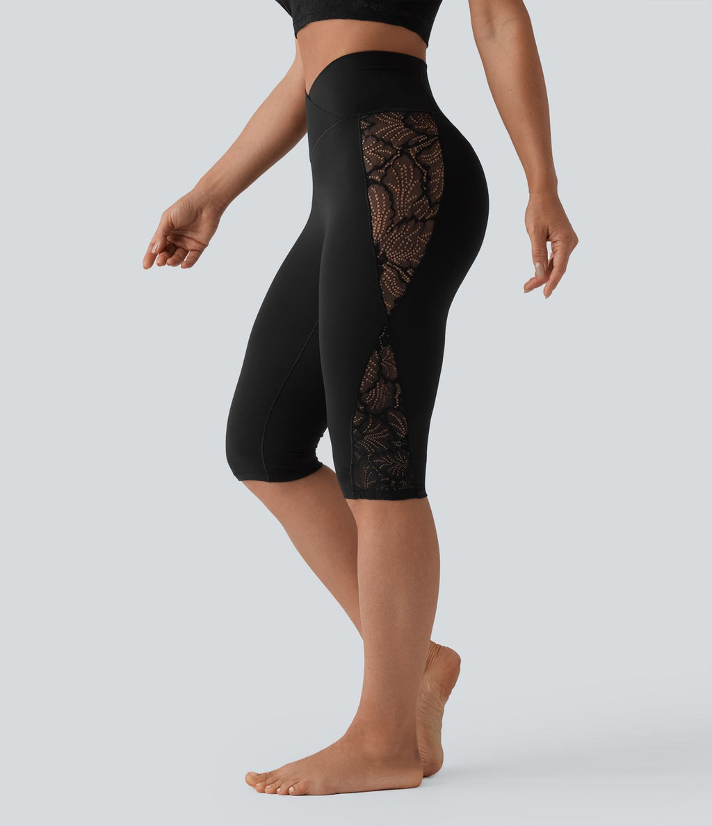 Legging de yoga corsaire SoftlyZero™ taille haute croisé dentelle contrastante avec poche - UPF50+