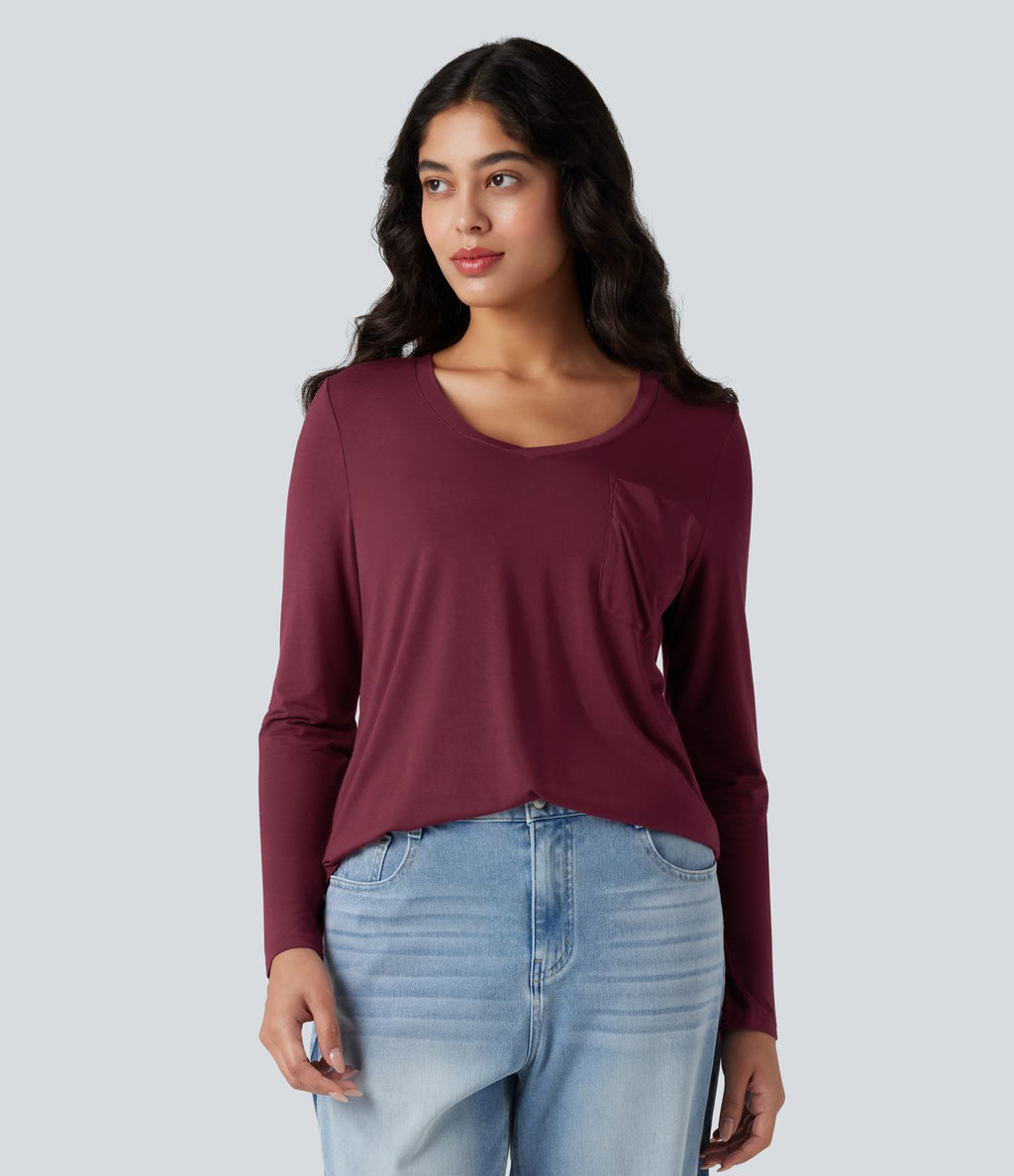 T-shirt col V manches longues ourlet arrondi coupe décontractée avec poche
