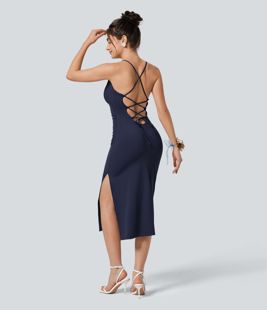 Robe moulante SoftlyZero™ Airy fendue à effet frais InstantCool, brassière intégrée, dos nu croisé à lacets, légèrement plissée pour invitée de mariage et demoiselle d'honneur
