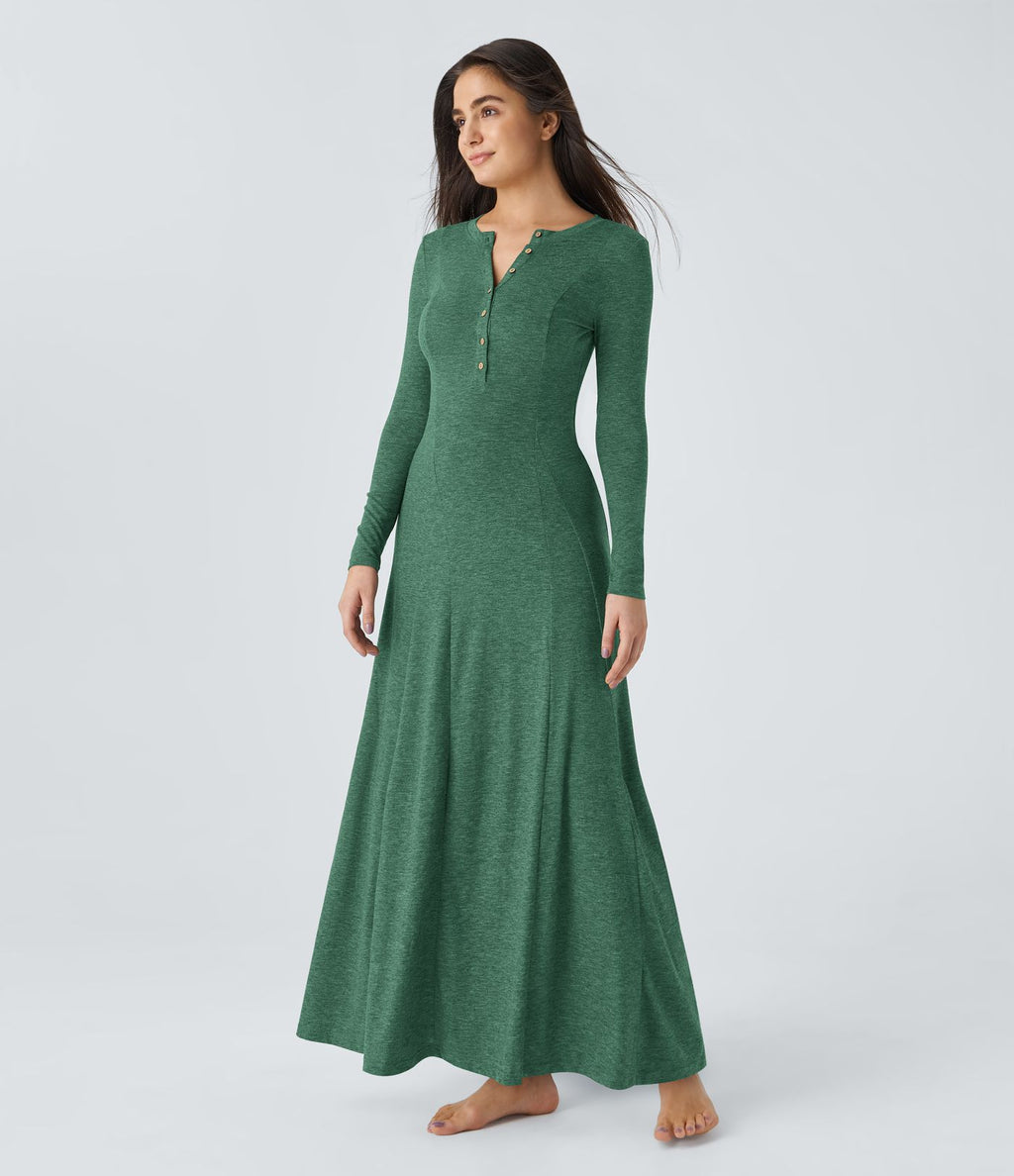 Robe de Casual Maxi Manches Longues Évasées et Boutons au Col Rond