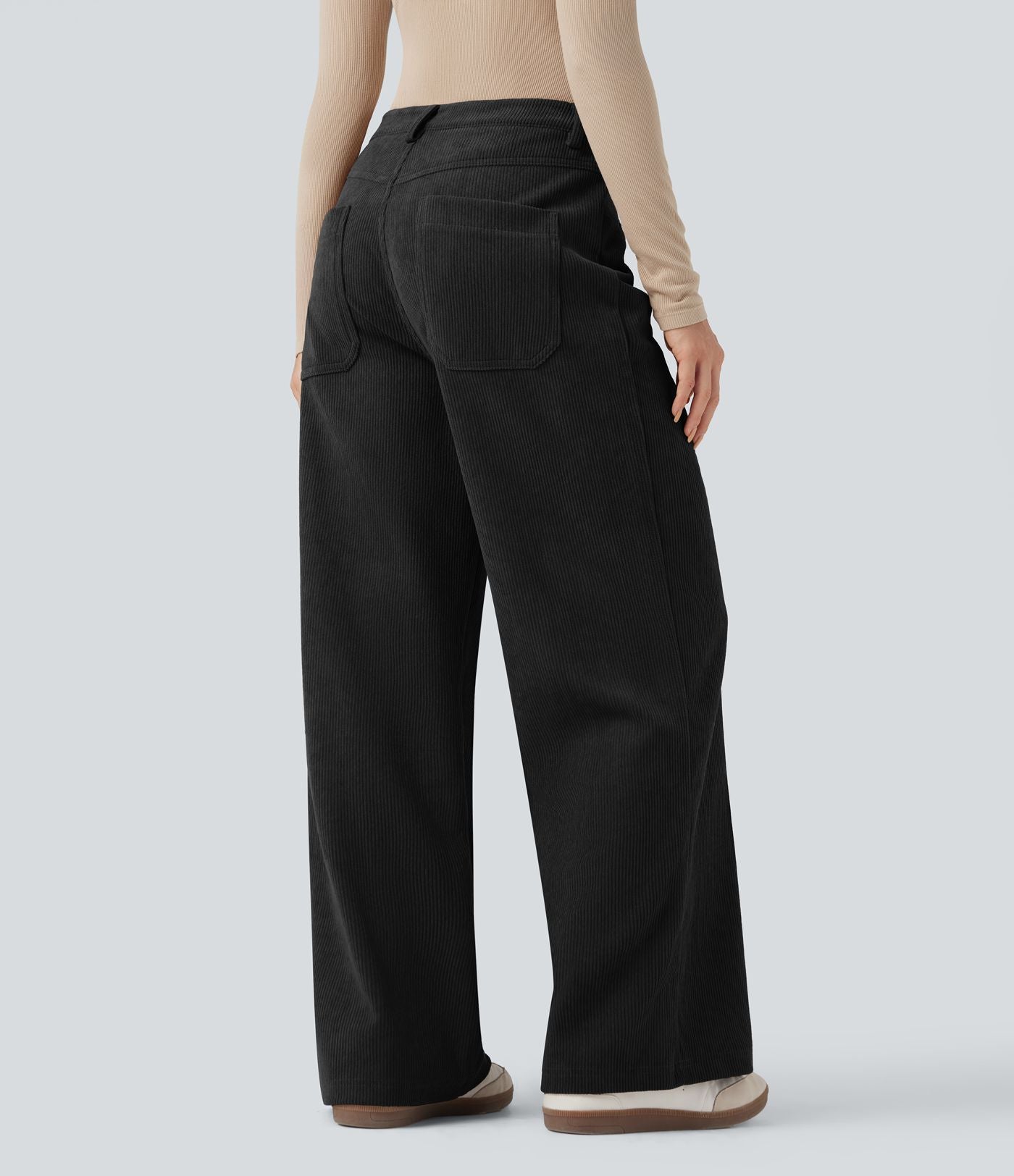 Pantalon large décontracté en velours côtelé taille haute avec poches