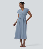 Robe mi-longue casual denim Halara Flex™ col V manches courtes avec nœud au dos et poches
