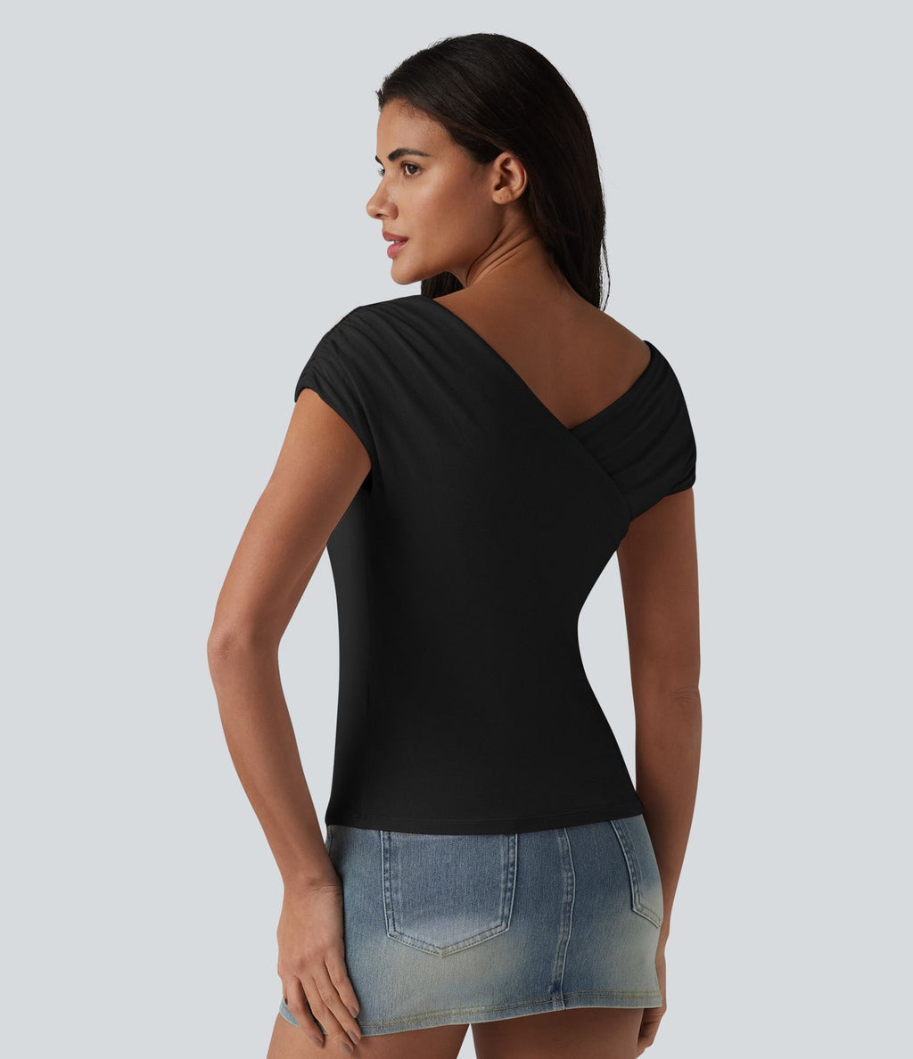 T-shirt casual en maille côtelée à manches courtes avec soutien-gorge intégré