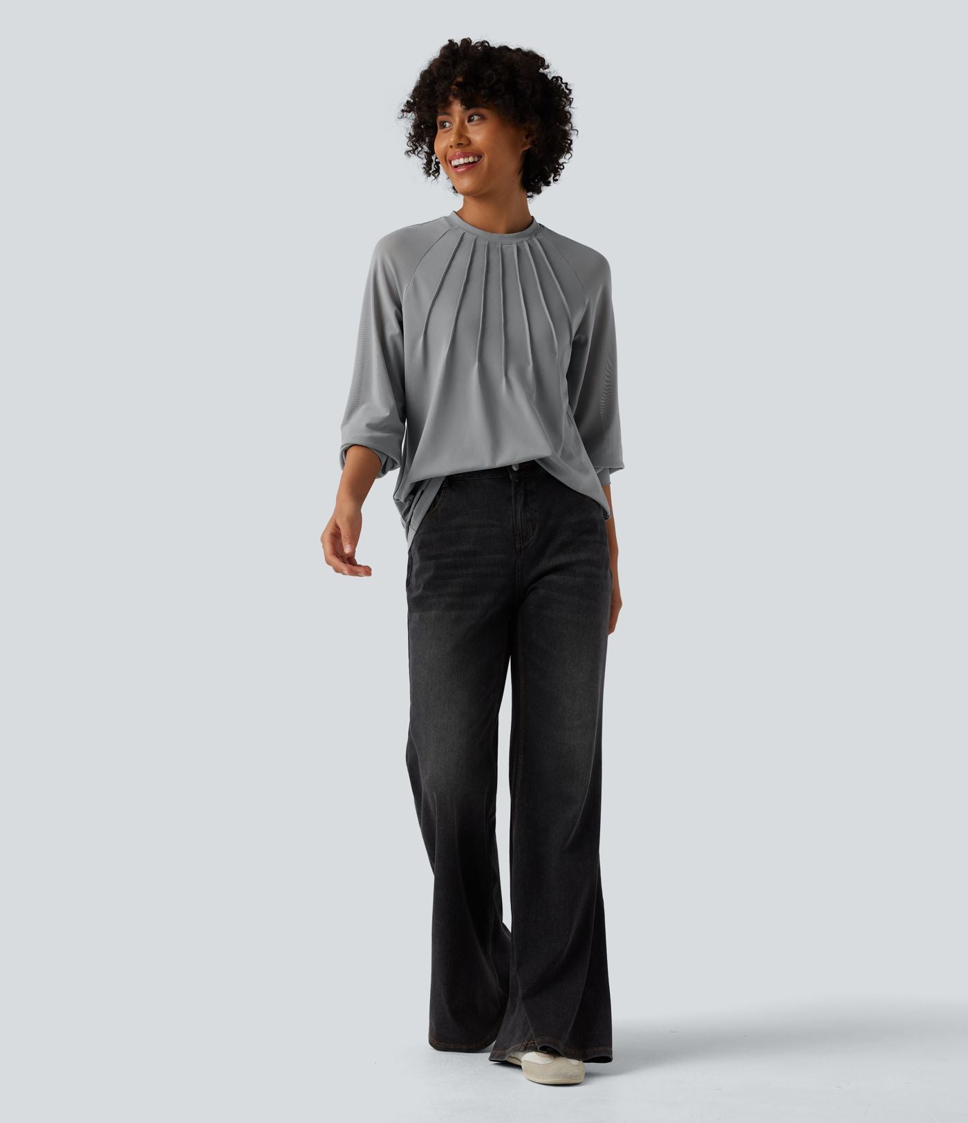 Blouse mesh contrastant col rond manches raglan longues