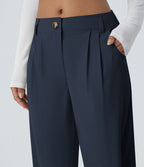 Pantalon décontracté droit taille moyenne à bouton, fermeture éclair et poches latérales