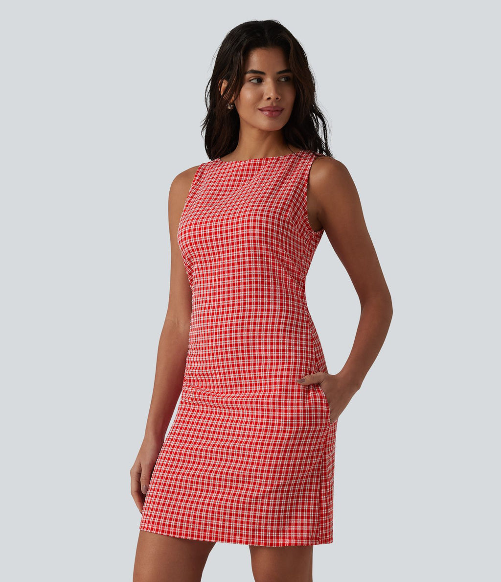 Robe mini casual sans manches col bateau à carreaux vichy, avec poches
