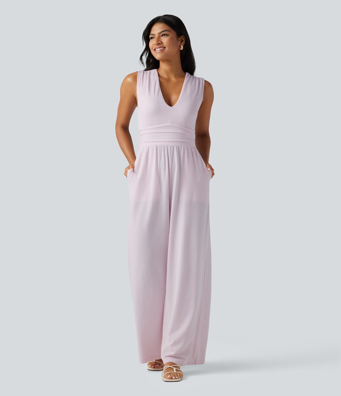 Combinaison sans manches col V à rayures avec brassière intégrée et poches – Édition Easy Peasy