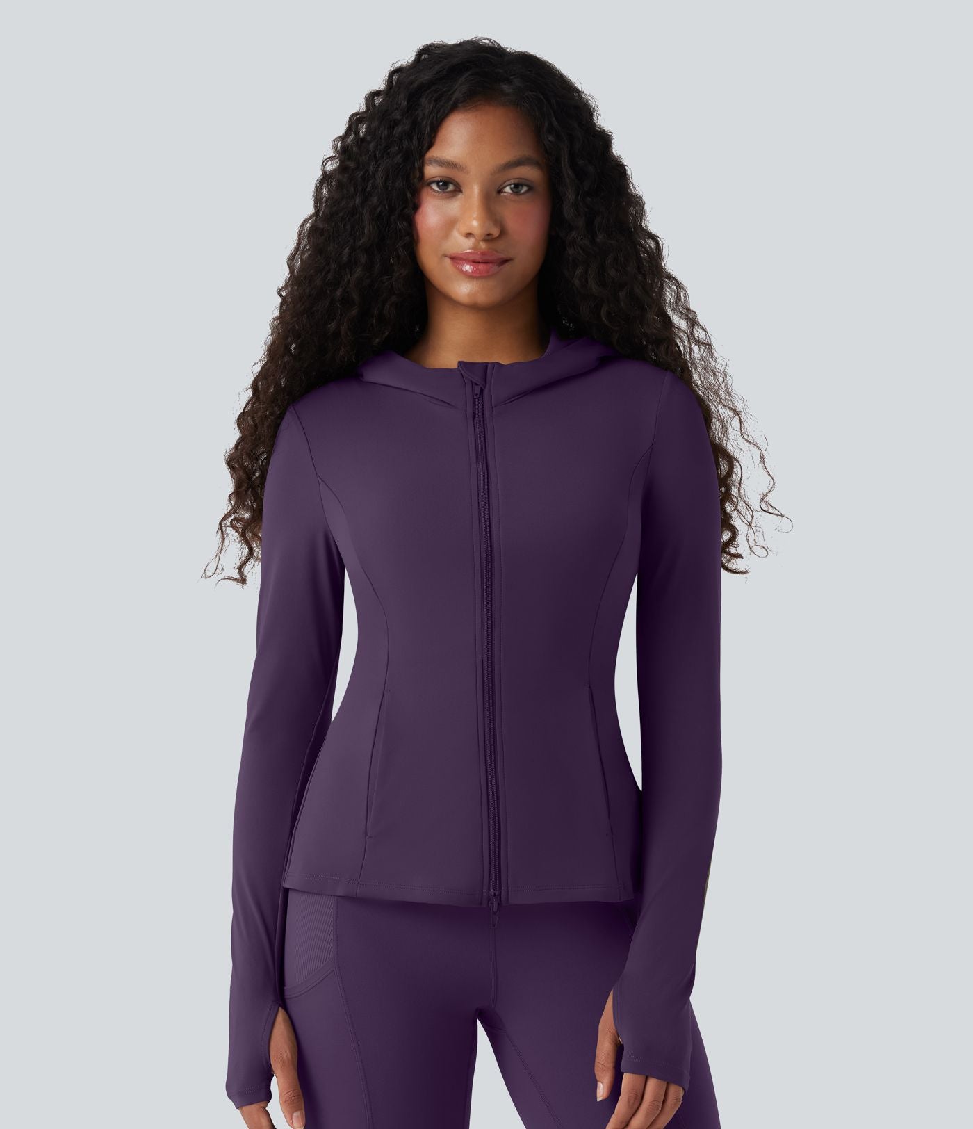 Veste SoftlyZero™ à capuche manches longues avec trous pouces détails plissés et poches-UPF50+