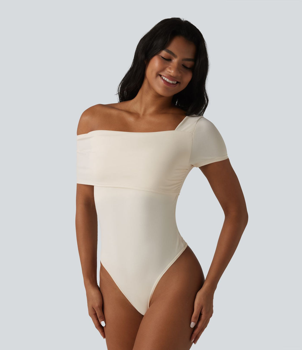 Body casual col asymétrique manches courtes avec soutien-gorge intégré
