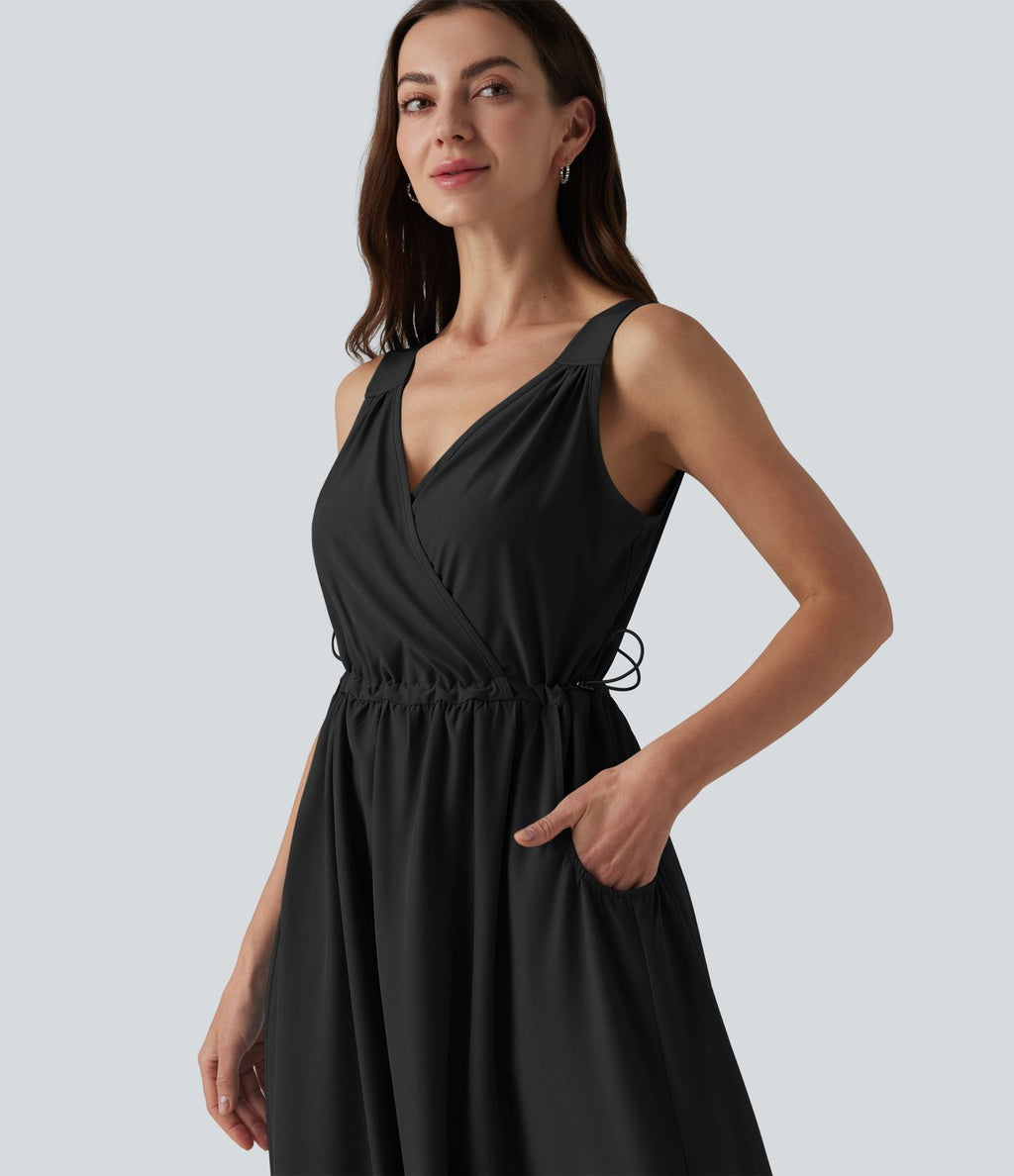 Robe casual midi sans manches à col en V avec poches