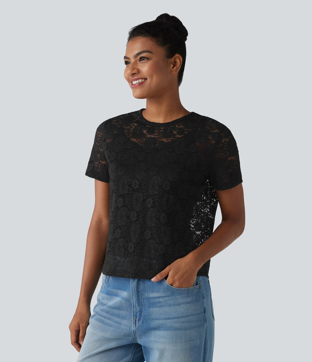 T-shirt casual 2-en-1 en dentelle col rond à manches courtes