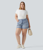 Short grande taille en jean Halara Flex™ délavé taille haute asymétrique avec ourlets retroussés et poches