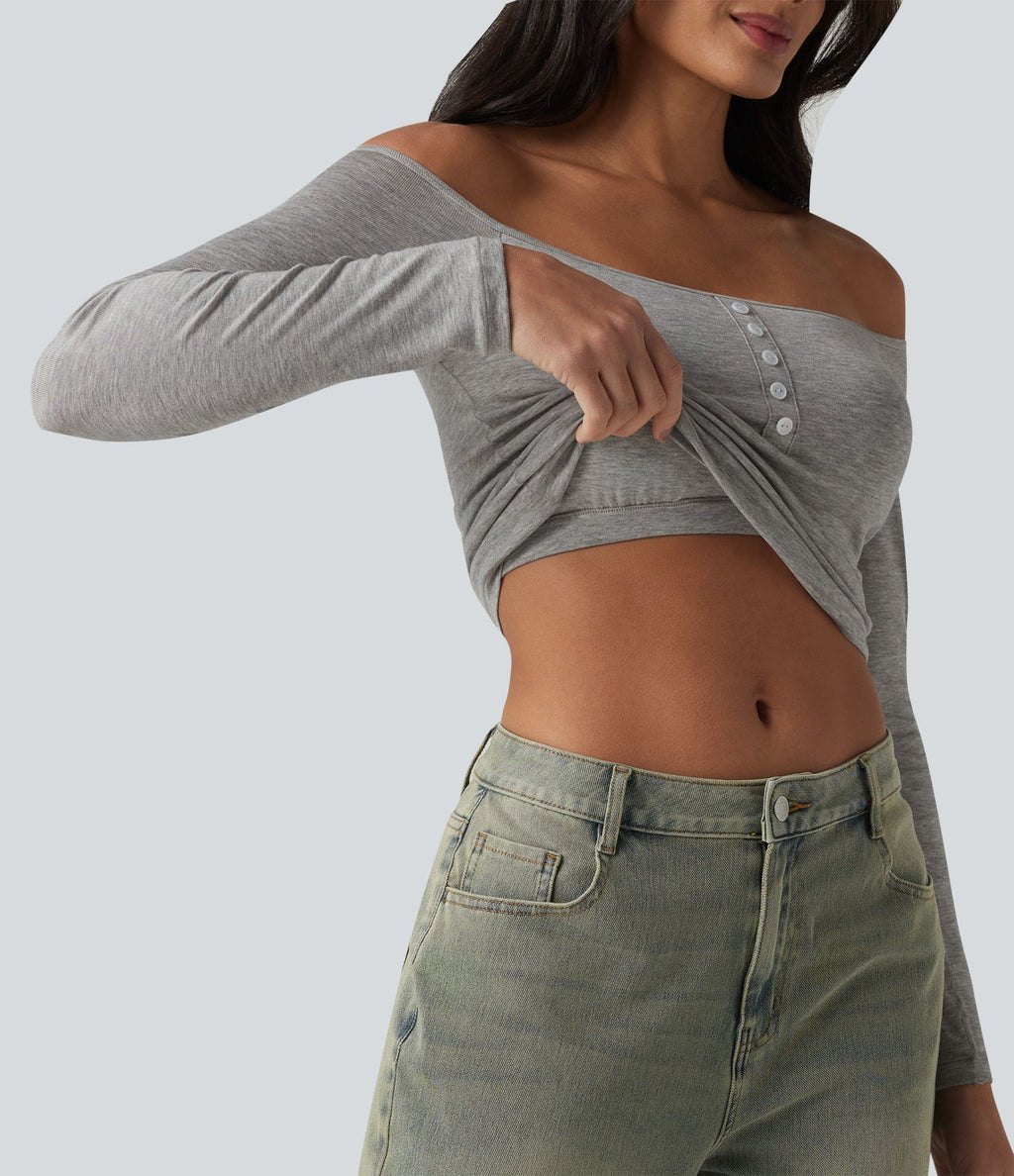 T-shirt casual ultra-ajusté côtelé épaules dénudées à manches longues avec soutien-gorge intégré