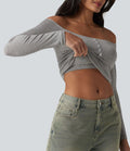T-shirt casual ultra-ajusté côtelé épaules dénudées à manches longues avec soutien-gorge intégré