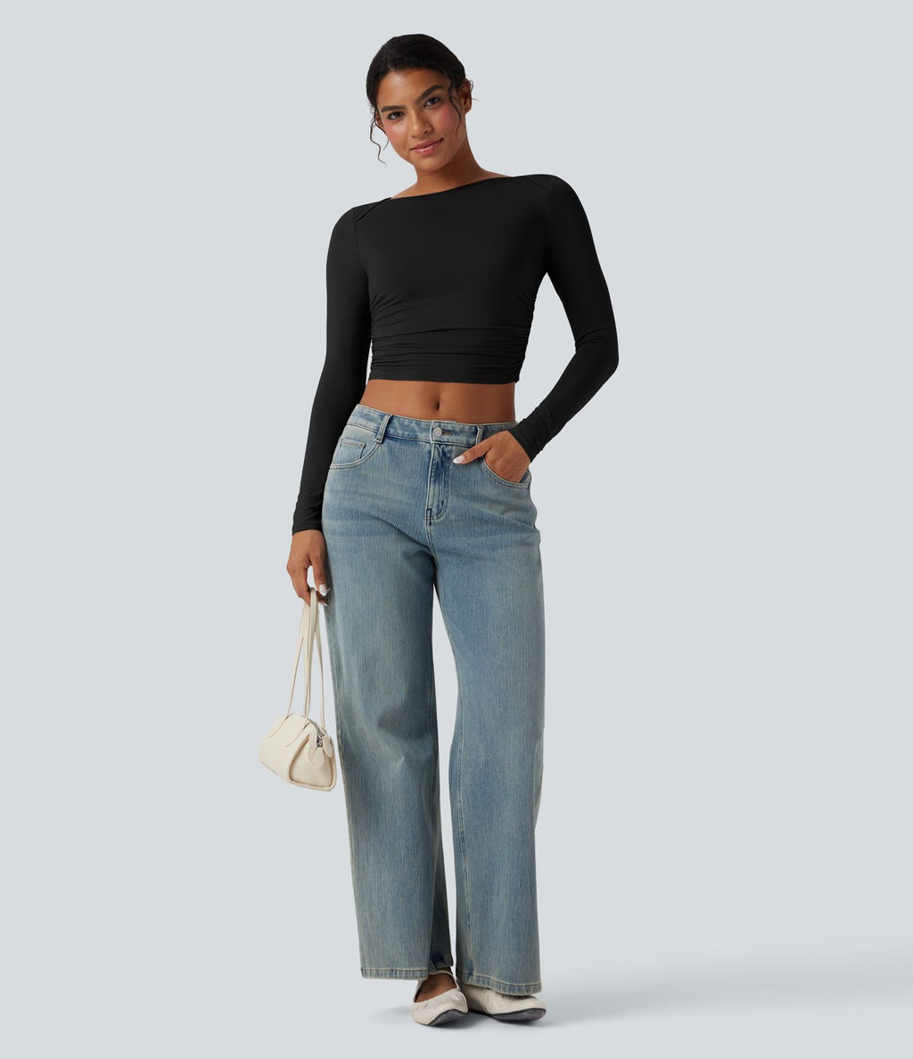 Haut casual crop col bateau manches longues froncé