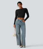 Haut casual crop col bateau manches longues froncé