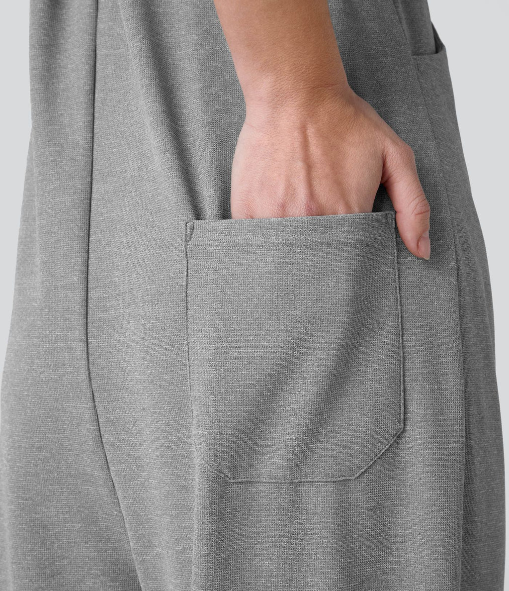 Salopette Casual Bretelles Ajustables Boutonnés Multiples Poches Plis et Tissu Gaufré