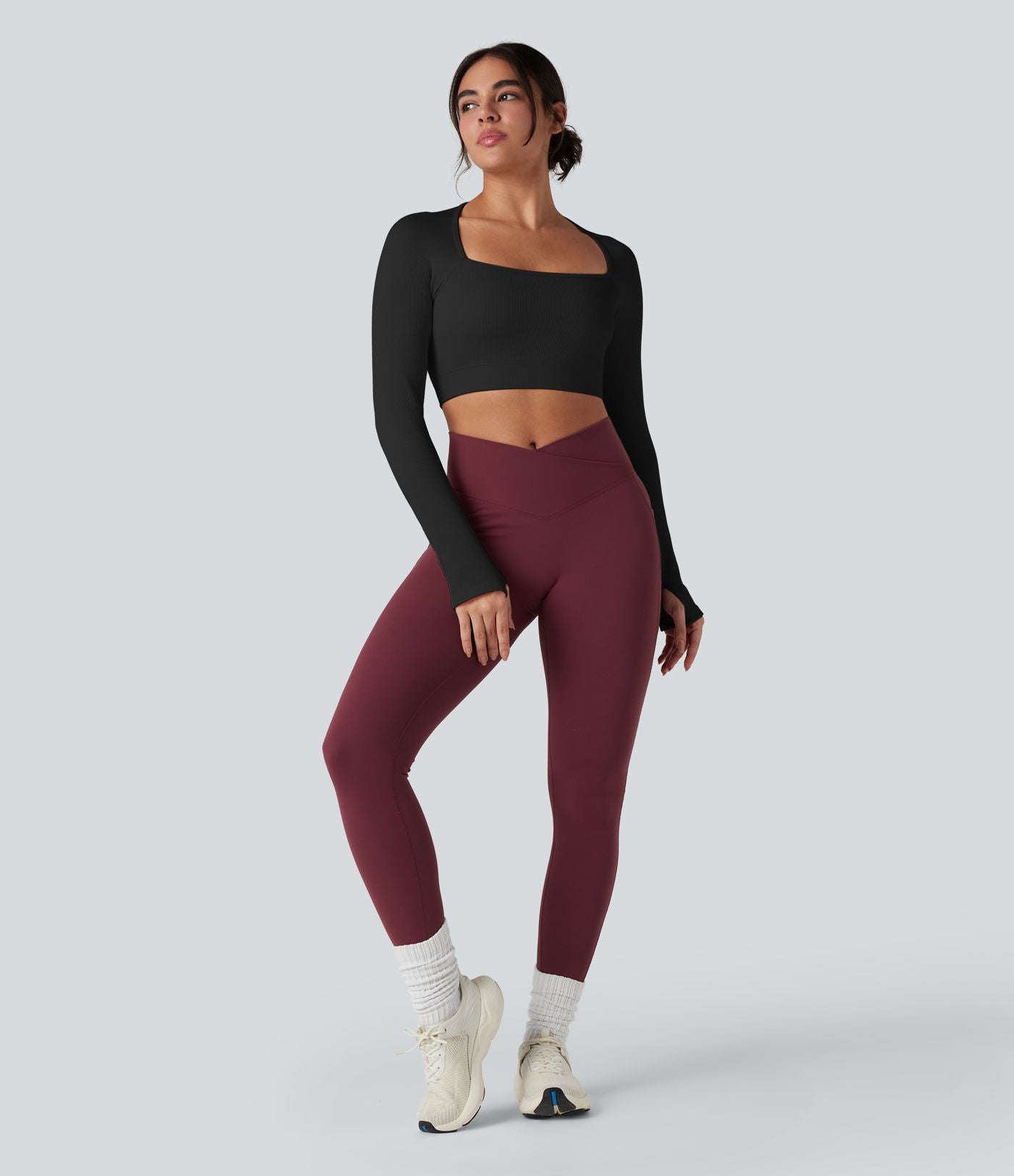 Haut de sport yoga court à manches longues avec passants pouces sans couture Seamless Flow