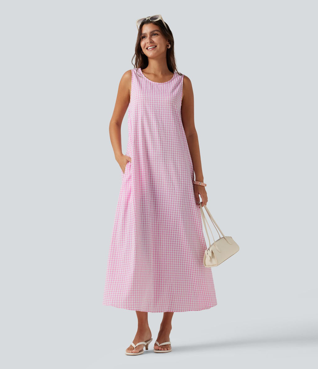 Robe débardeur midi décontractée col rond sans manches en vichy froissé avec poches