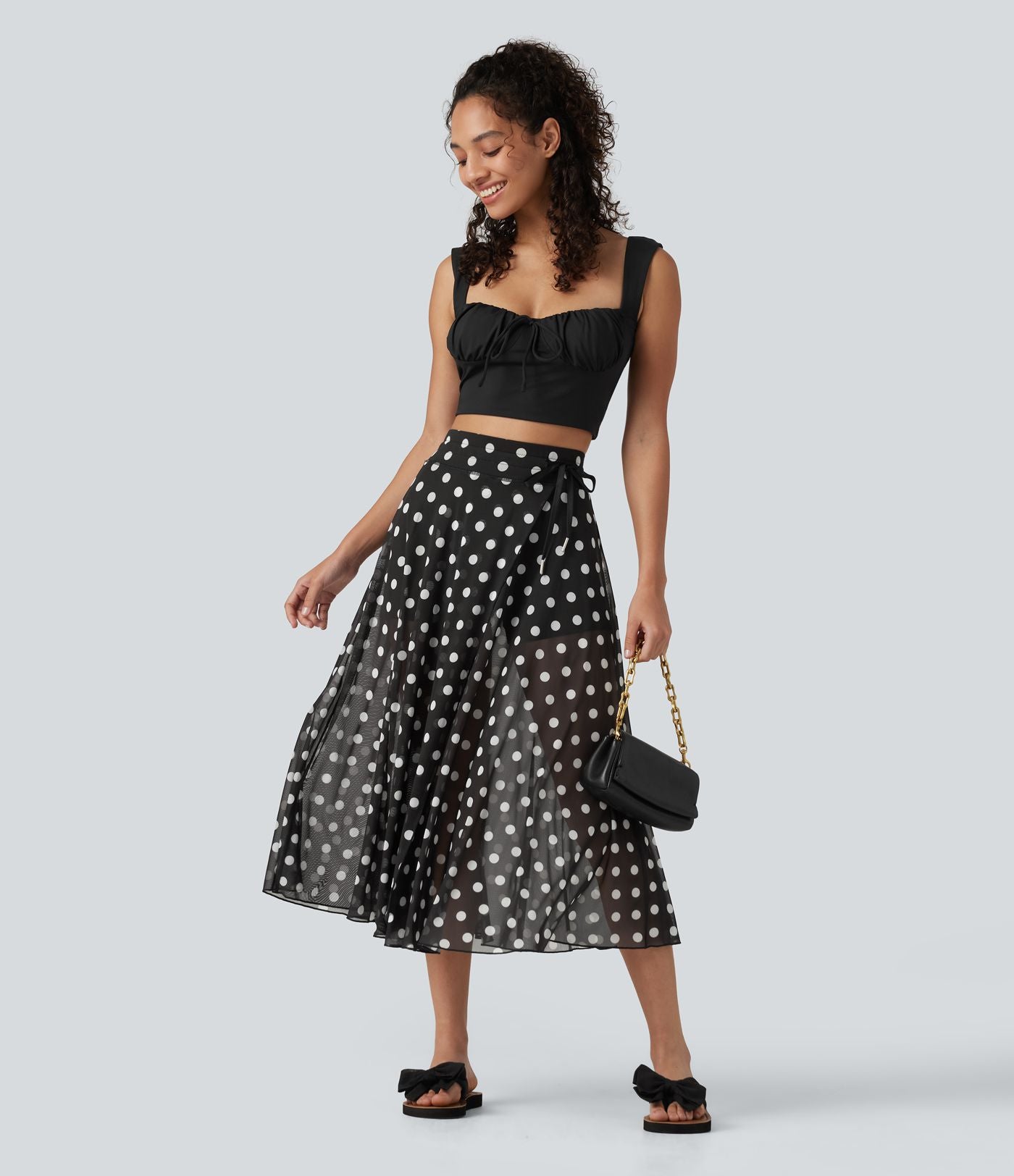 Jupe-short midi fluide évasée taille haute style vacances en mesh à pois avec cordon de serrage et poches