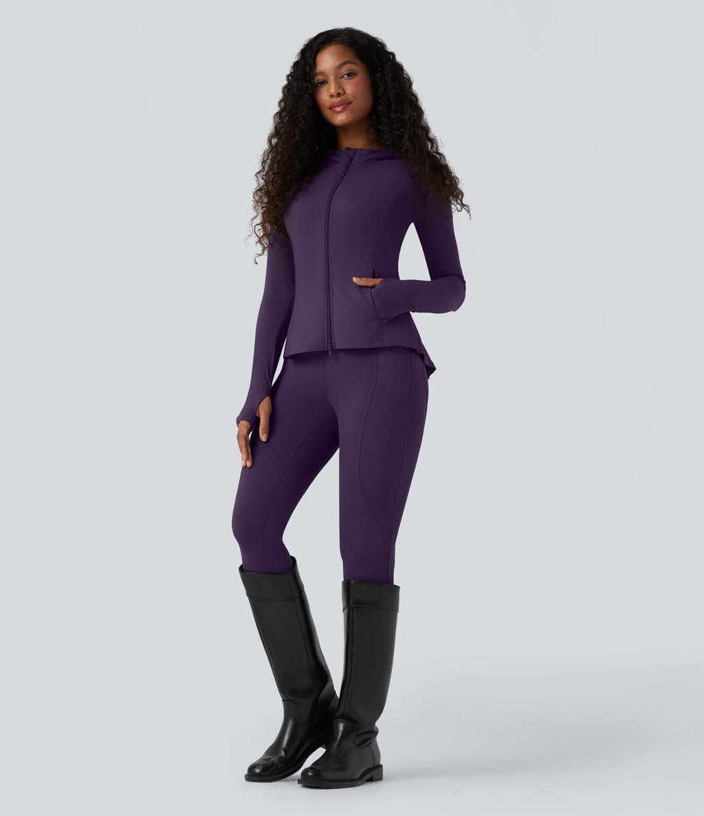Veste SoftlyZero™ à capuche manches longues avec trous pouces détails plissés et poches-UPF50+