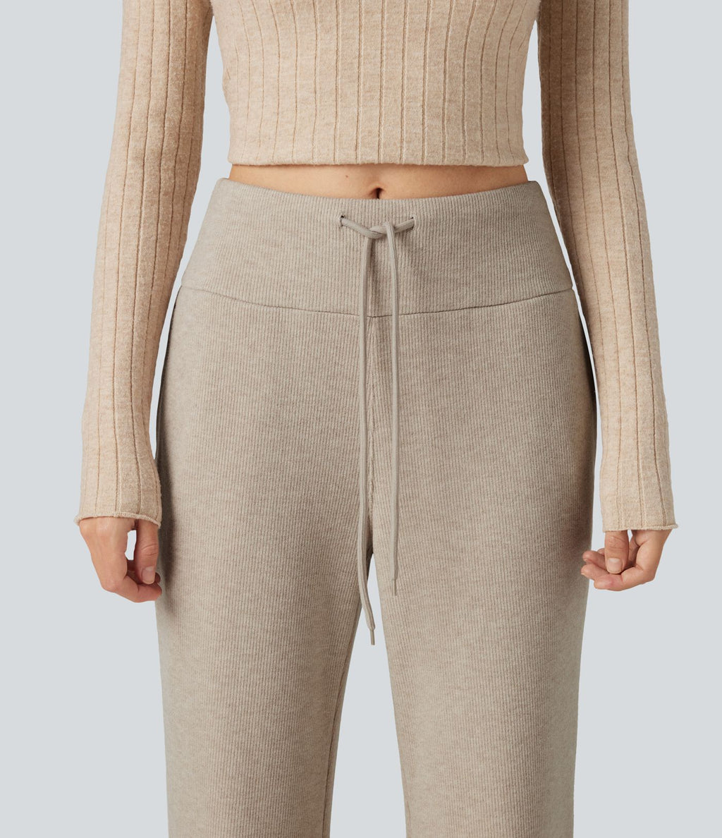 Pantalon large fluide côtelé taille haute avec cordon de serrage et poches