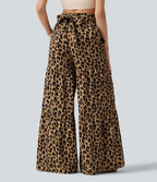 Pantalon ample décontracté taille mi-haute avec nœud devant imprimé léopard avec poches
