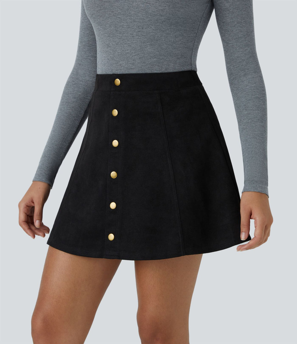 Jupe-short décontractée 2-en-1 en suédine taille haute, boutons décoratifs et coupe évasée