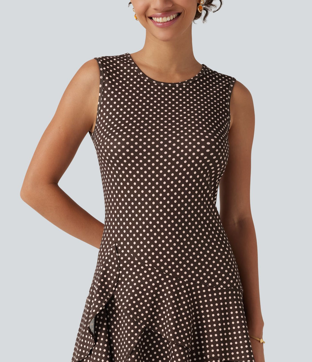 Robe mini casual à pois col rond sans manches ourlet à volants superposés