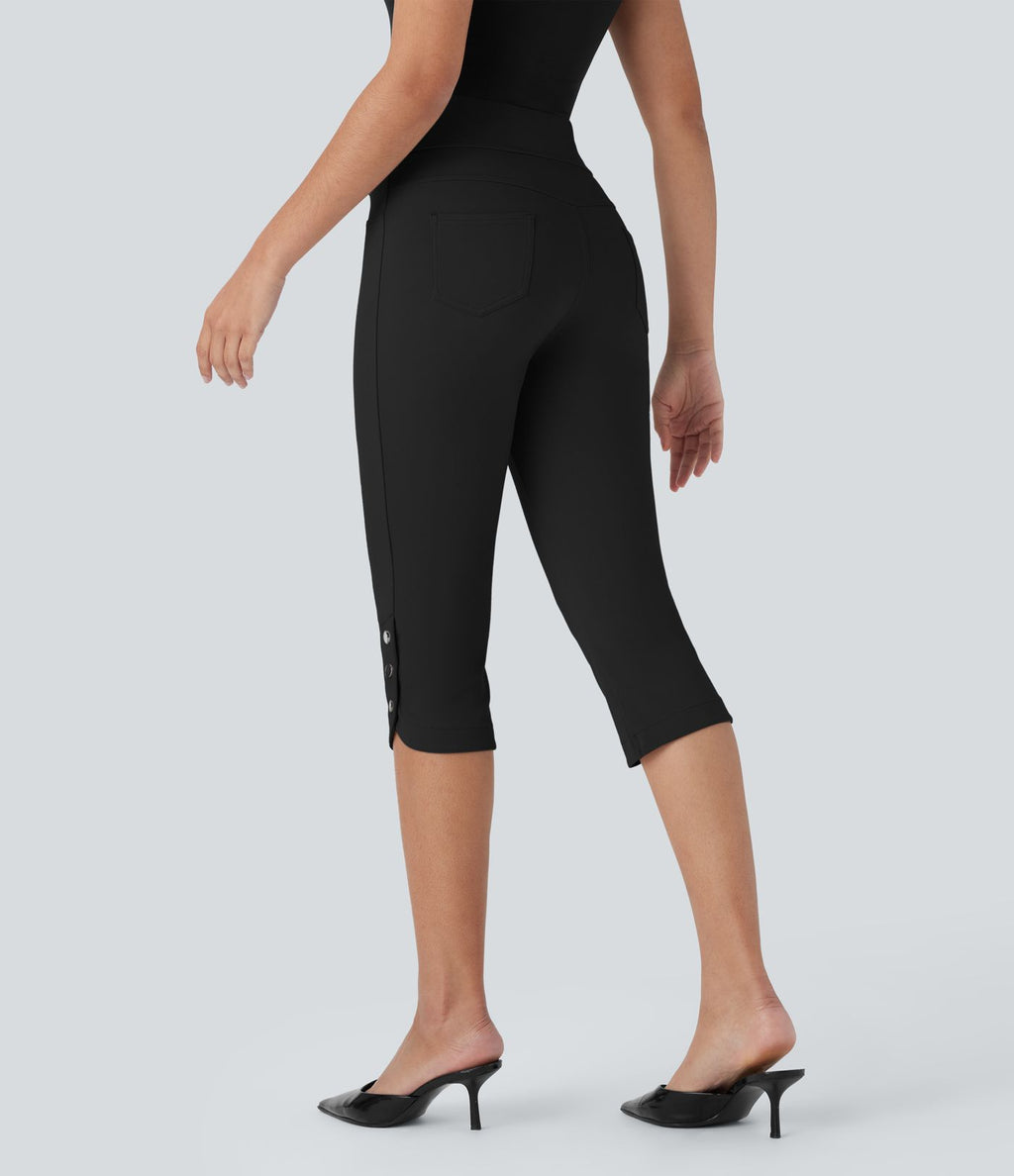 Pantalon Corsaire de Costume Taille Haute avec Poches Arrière et Boutons Pression