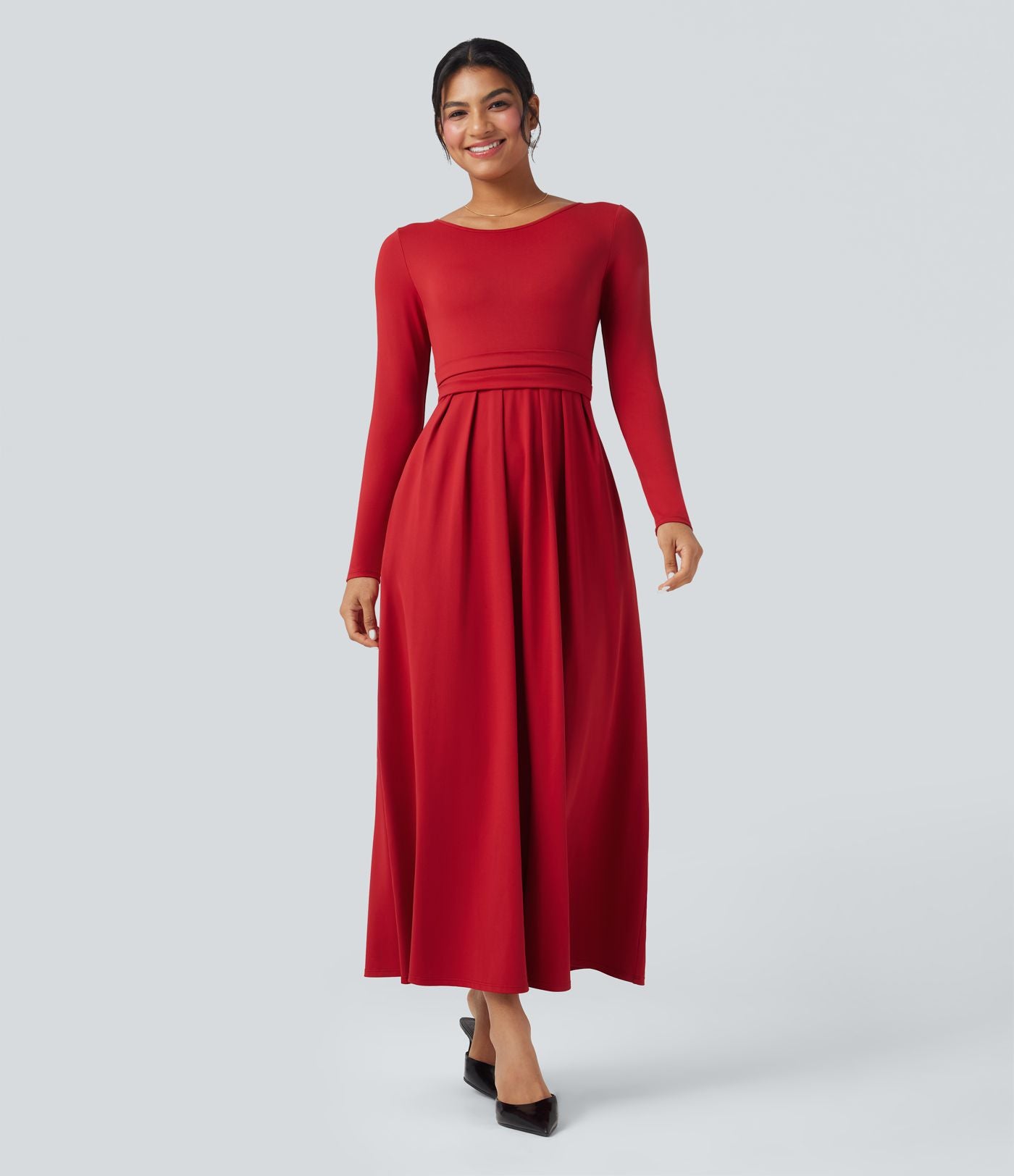 Robe longue décontractée évasée col rond plongeant manches longues avec poches