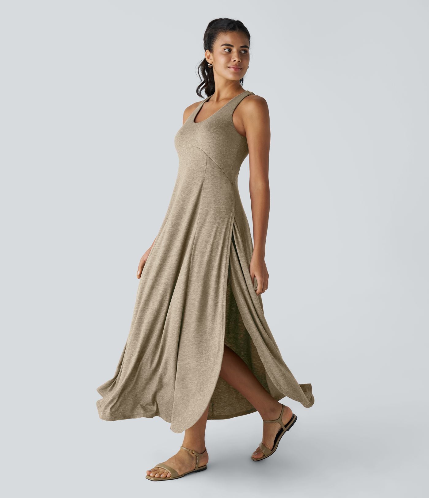 Robe Casual Débardeur Longue Fluide Fendue Dos Nu à Col en U