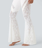 Pantalon de yoga évasé à taille haute croisée, poche arrière et dentelle